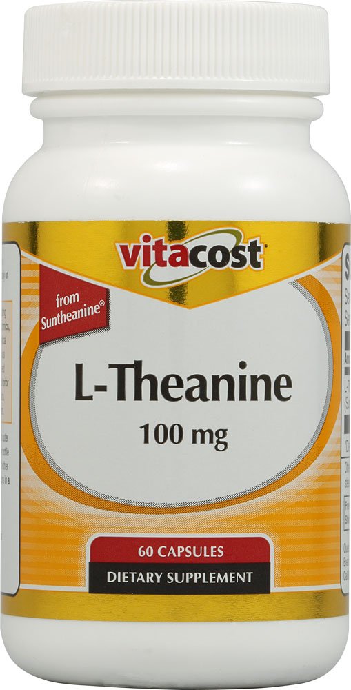 Vitacost L-Theanine Suntheanine 100 mg capsule bottle supports calm focus and everyday balance.