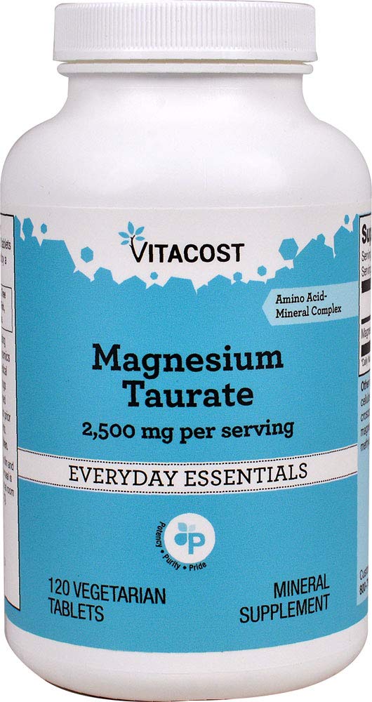 Vitacost Magnesium Taurate tablets in a bottle, supporting daily wellness and calm muscle function.