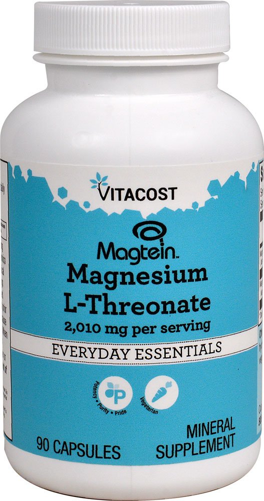 Vitacost Magtein bottle showing high-absorption magnesium L-threonate formula.