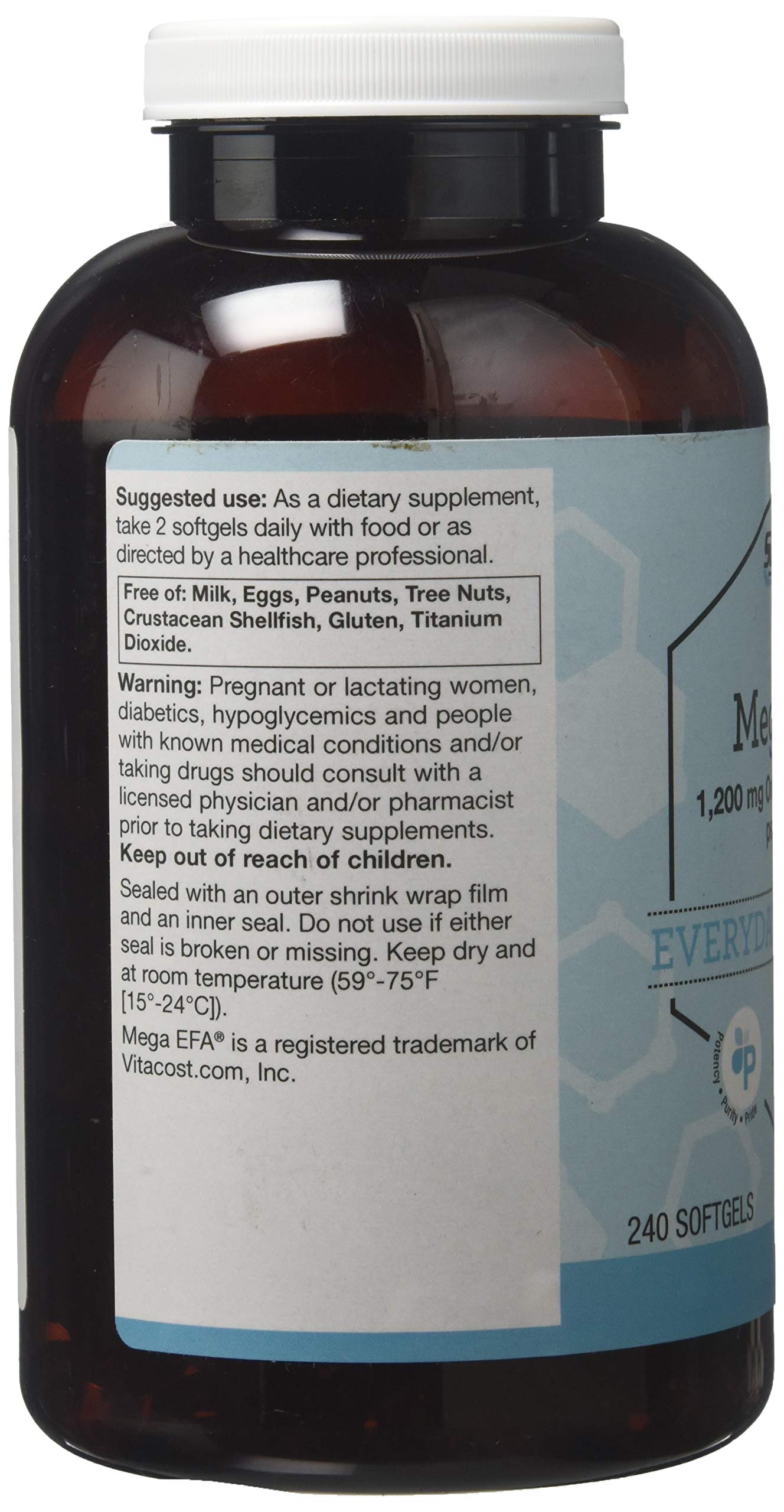 Close-up of Vitacost Mega EFA Mini Gels softgels, small size for easy swallowing.
