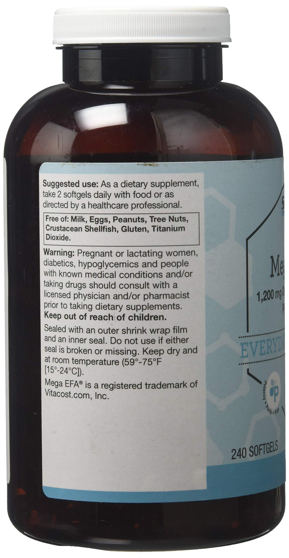 Close-up of Vitacost Mega EFA Mini Gels softgels, small size for easy swallowing.