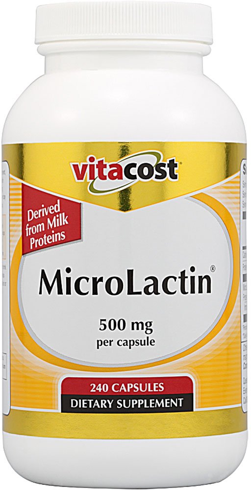 Vitacost MicroLactin 240 capsules bottle highlighting natural milk protein support for joint comfort