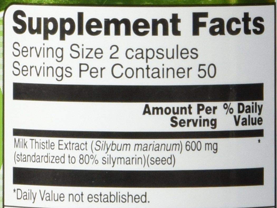 Vitacost Milk Thistle capsules close-up highlighting standardized 80% silymarin for consistency.