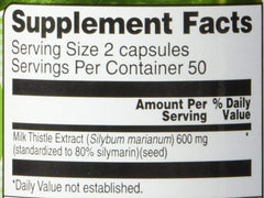 Vitacost Milk Thistle capsules close-up highlighting standardized 80% silymarin for consistency.