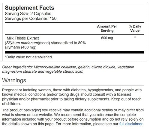 Vitacost Milk Thistle Extract capsules close-up highlighting 150 servings per bottle for daily use.