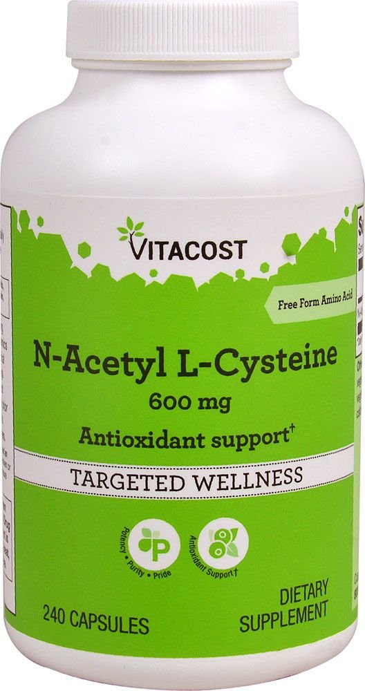 Vitacost NAC 600 mg bottle, highlighting antioxidant support and everyday wellness use