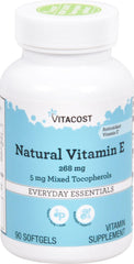 Vitacost Natural Vitamin E softgel bottle showing 268 mg and mixed tocopherols for daily antioxidant support.
