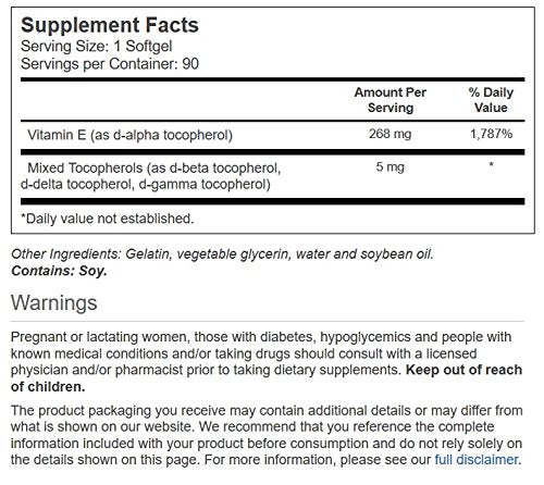 Vitacost Natural Vitamin E ingredients label highlighting mixed tocopherols and allergen-free formula.