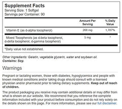 Vitacost Natural Vitamin E ingredients label highlighting mixed tocopherols and allergen-free formula.