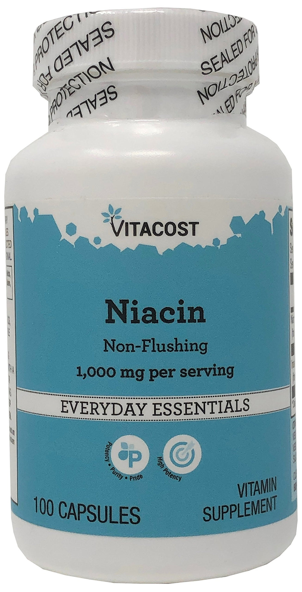 Vitacost Niacin Non-Flushing bottle label showing 1000 mg per serving for metabolism support
