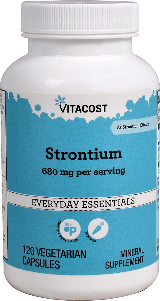Vitacost NSI Strontium bottle front view showing 680 mg per serving for potential bone support.