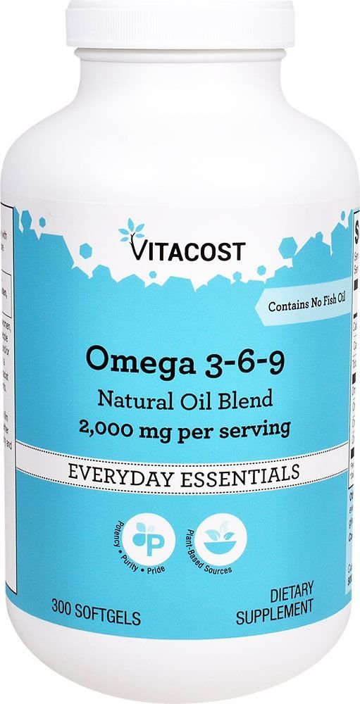 Vitacost Omega 3-6-9 bottle with softgels for heart and skin support