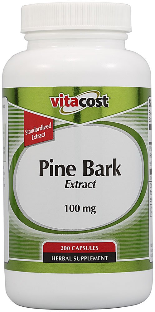 Vitacost Pine Bark Extract bottle close-up for antioxidant support.