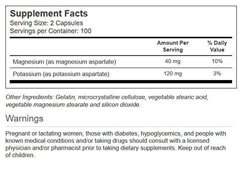 Close-up of Vitacost Potassium & Magnesium capsules highlighting aspartate forms and easy use.