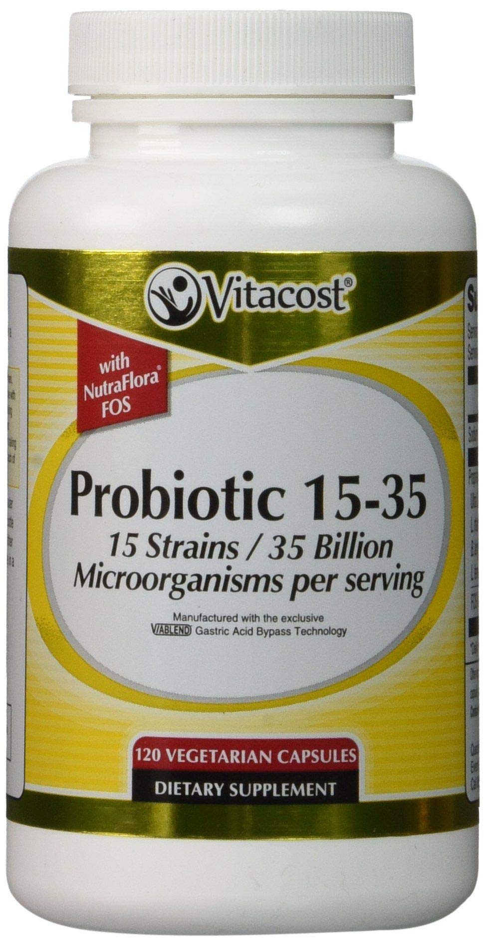Vitacost Probiotic 15-35 bottle label showing 35B CFU and 15 strains for daily balance.