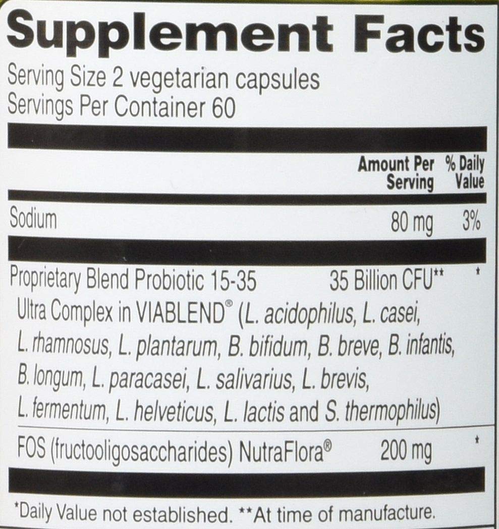 Vitacost Probiotic 15-35 capsules closeup, 120 vegetarian capsules for digestive support.