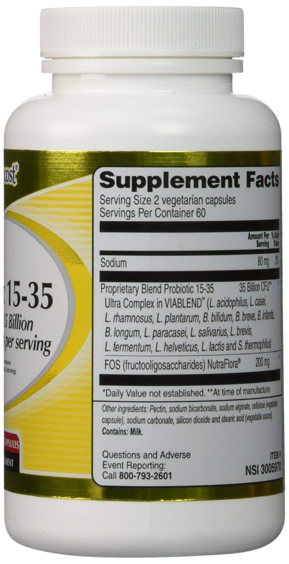 Vitacost Probiotic 15-35 NutraFlora FOS ingredient panel highlighting prebiotic support.