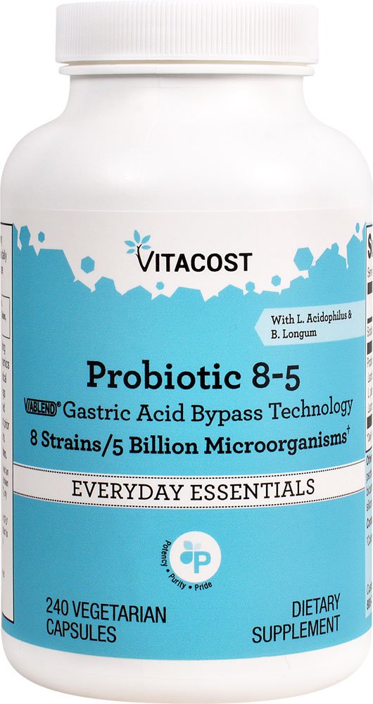 Vitacost Probiotic 8-5 bottle showing 5 billion CFUs per serving for daily gut support.