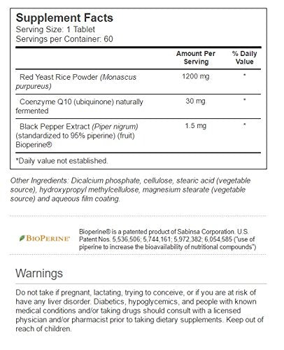 Vitacost Red Yeast Rice with CoQ10 ingredient label featuring CoQ10 and Bioperine
