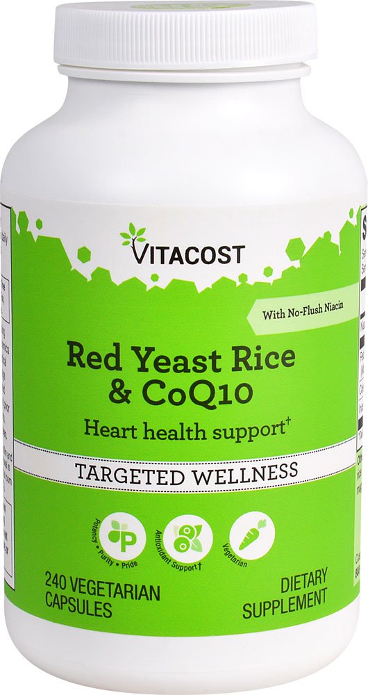 Vitacost Red Yeast Rice & CoQ10 bottle front shows 120 servings for heart-friendly supplementation.