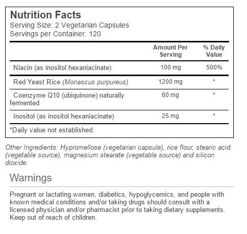 Vitacost Red Yeast Rice & CoQ10 capsules display a vegetarian formula with no-flush niacin.