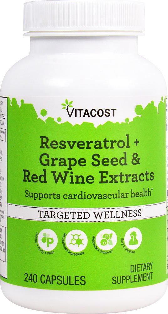 Vitacost Resveratrol bottle with capsules for antioxidant support.