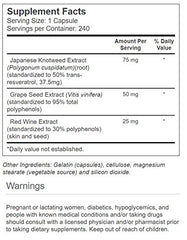 Vitacost Resveratrol label close-up highlighting ingredients and standardization.