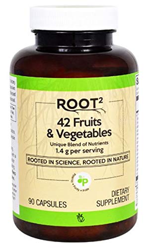 Vitacost ROOT2 bottle with 42 fruits and vegetables blend for daily nutrient support