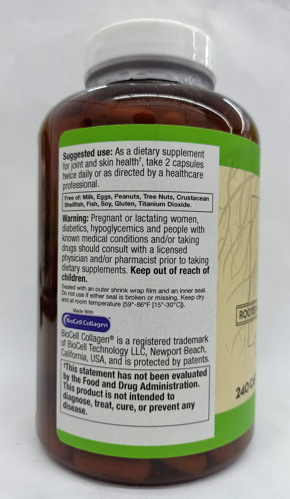 Vitacost ROOT2 Biocell Collagen label with ingredient details.