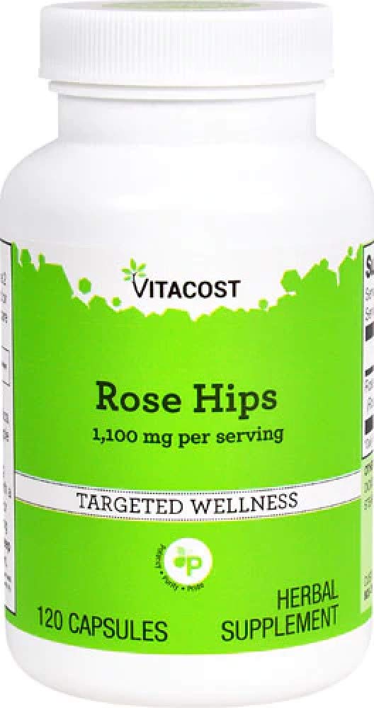 Vitacost Rose Hips bottle with capsules for natural vitamin C support.