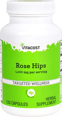 Vitacost Rose Hips bottle with capsules for natural vitamin C support.