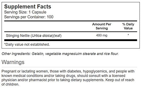 Vitacost Stinging Nettle Leaf capsules close-up; daily wellness with 480 mg per capsule.