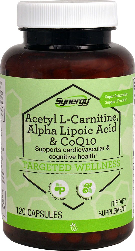 Vitacost Synergy capsules bottle showing antioxidant blend for everyday energy and wellness.