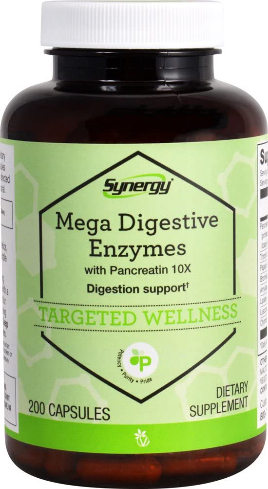 Vitacost Synergy Mega Digestive Enzymes bottle showing packaging for easy digestion support.