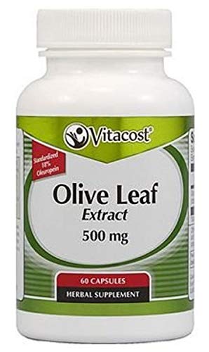 Vitacost Synergy Olive Leaf Extract label highlights oleuropein and elenolic acid for potential antioxidant activity.