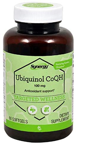 Vitacost Synergy Ubiquinol CoQH softgels bottle showing 100 mg ubiquinol per serving and potential antioxidant support