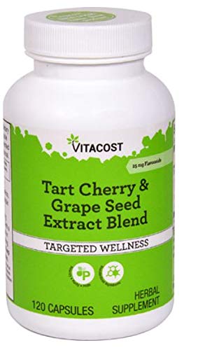 Vitacost Tart Cherry & Grape Seed Extract Capsule bottle close-up, ideal for daily wellness routines.