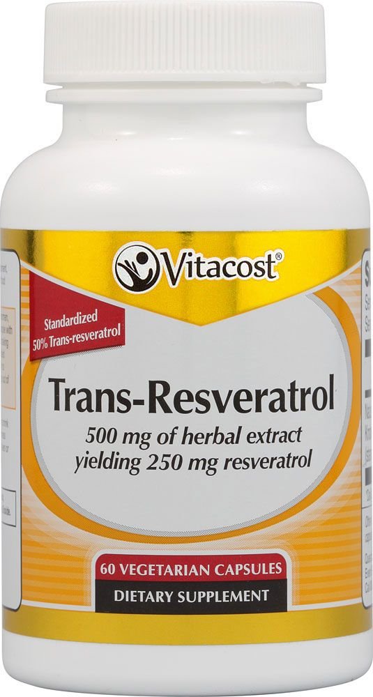Vitacost Trans-Resveratrol bottle front with label for antioxidant support