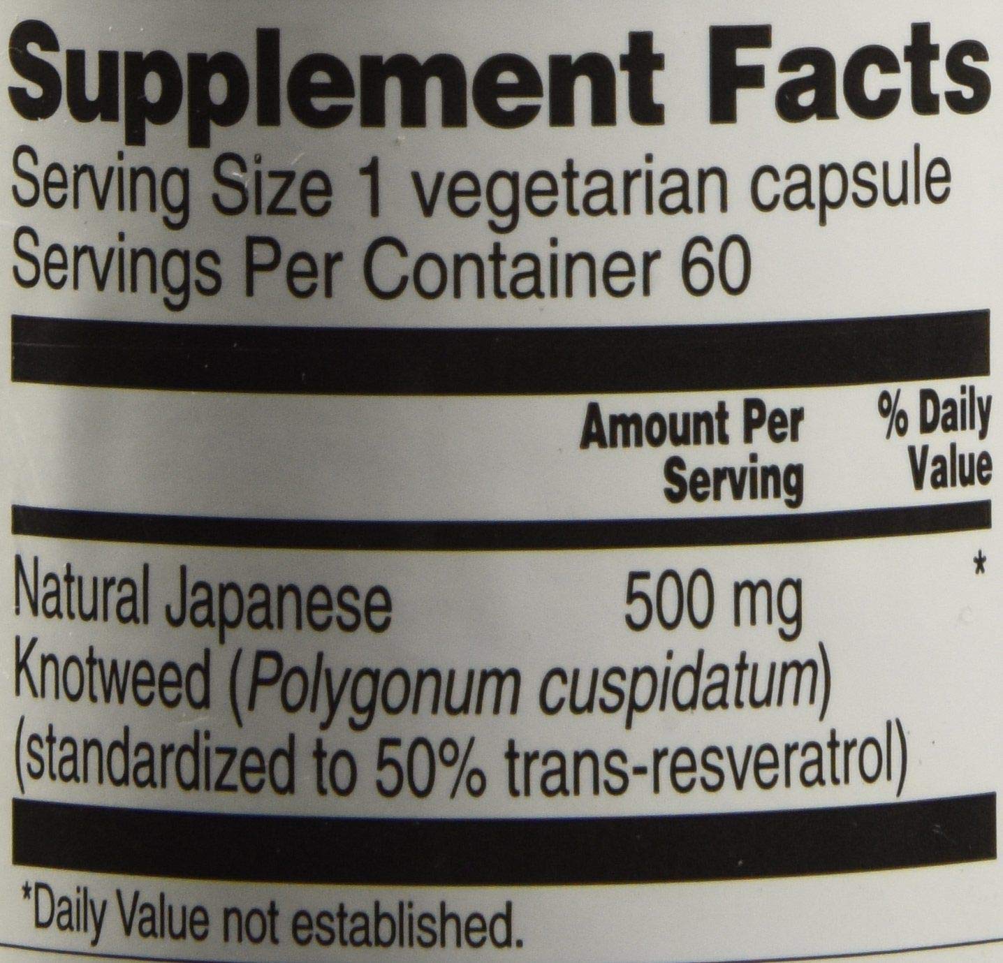 Vitacost Trans-Resveratrol bottle label close-up showing 500 mg per capsule