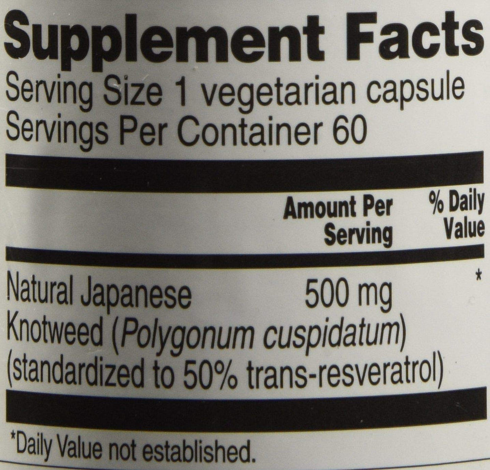 Vitacost Trans-Resveratrol bottle label close-up showing 500 mg per capsule