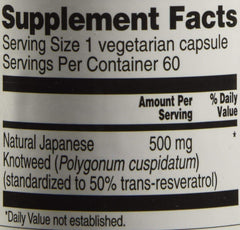 Vitacost Trans-Resveratrol bottle label close-up showing 500 mg per capsule