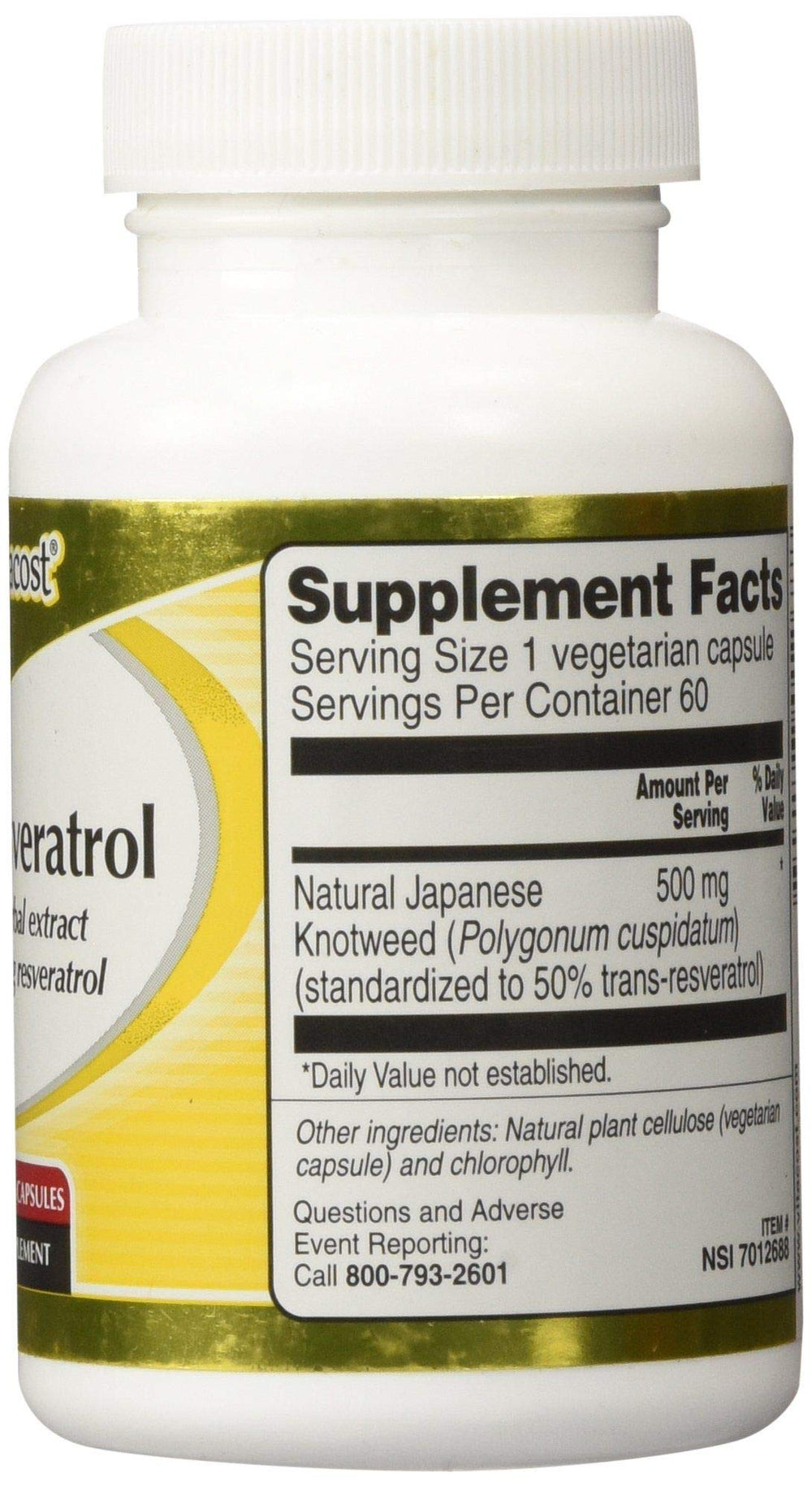 Vitacost Trans-Resveratrol bottle back packaging displaying 60 servings