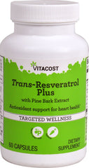 Vitacost Trans-Resveratrol Plus bottle pour showing antioxidant support for daily wellness.