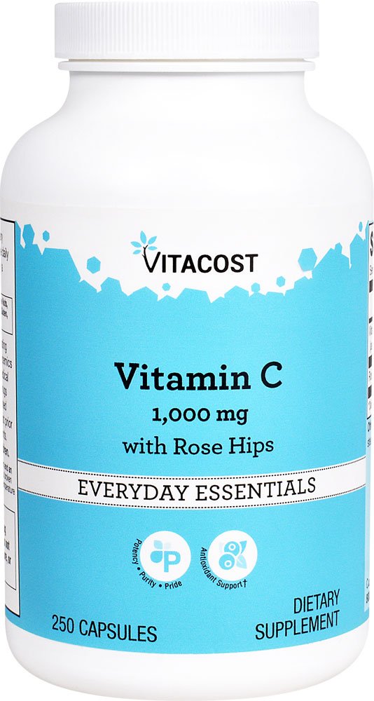 Vitacost Vitamin C with Rose Hips bottle showing 250 capsules for daily immune support.