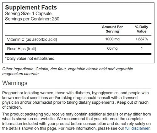 Close-up of Vitacost Vitamin C capsules with rose hips, highlighting 1000 mg per serving.