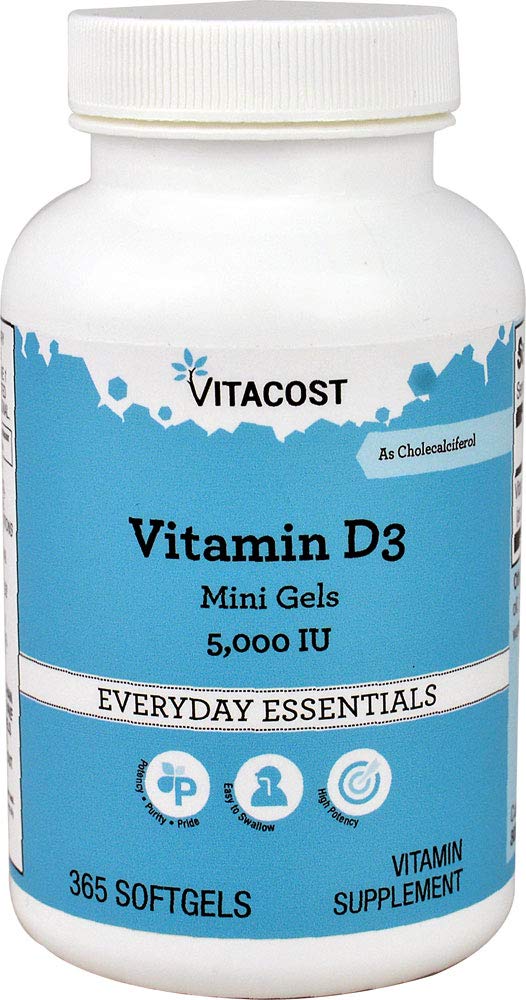 Vitacost Vitamin D3 softgel mini gels, 365-count, convenient daily supplement.