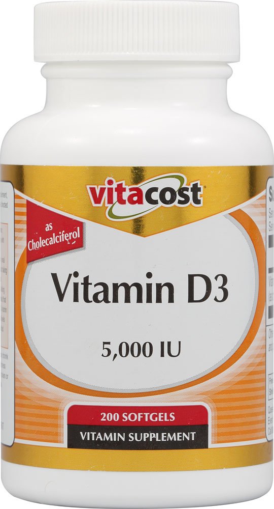Vitacost Vitamin D3 5000 IU bottle with softgels for daily bone support.
