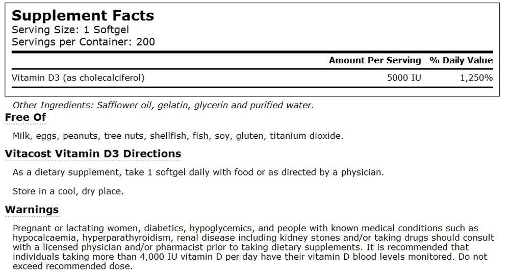 Close-up of Vitacost Vitamin D3 softgels highlighting high potency capsules.