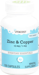 Vitacost Zinc & Copper bottle front showing 100 capsules and zinc-to-copper ratio