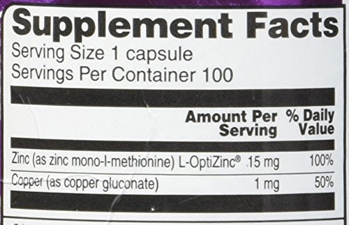 Vitacost Zinc & Copper packaging box highlighting L-OptiZinc form for absorption